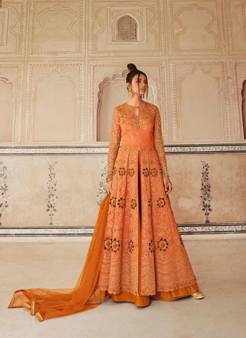 Orange Colour Latest Fancy Heavy Wedding Wear Butterfly Net With Embroidery With Stone work Designer Salwar Suit Collection 5604